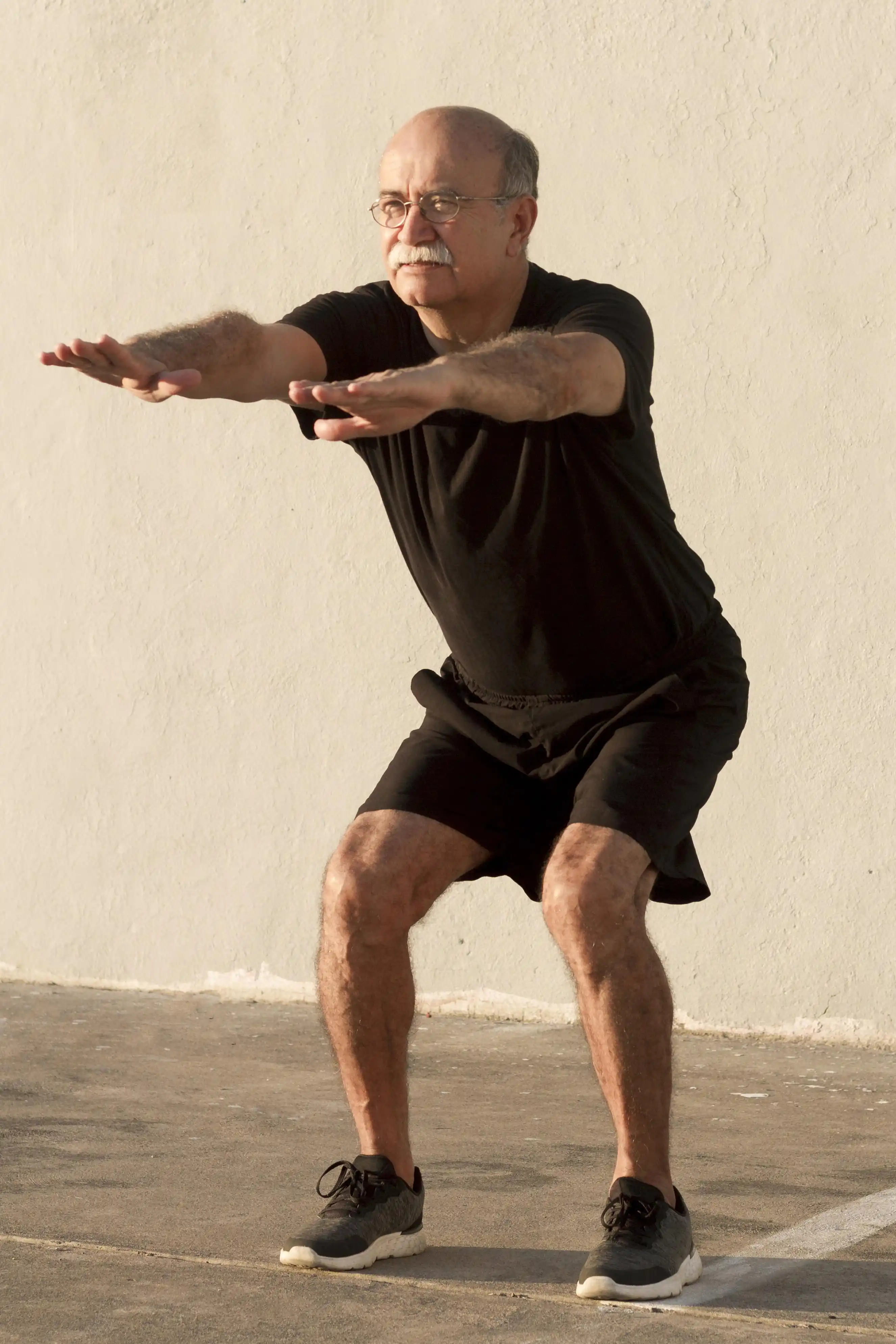 Calm illustration of an active man stretching in a bright home setting